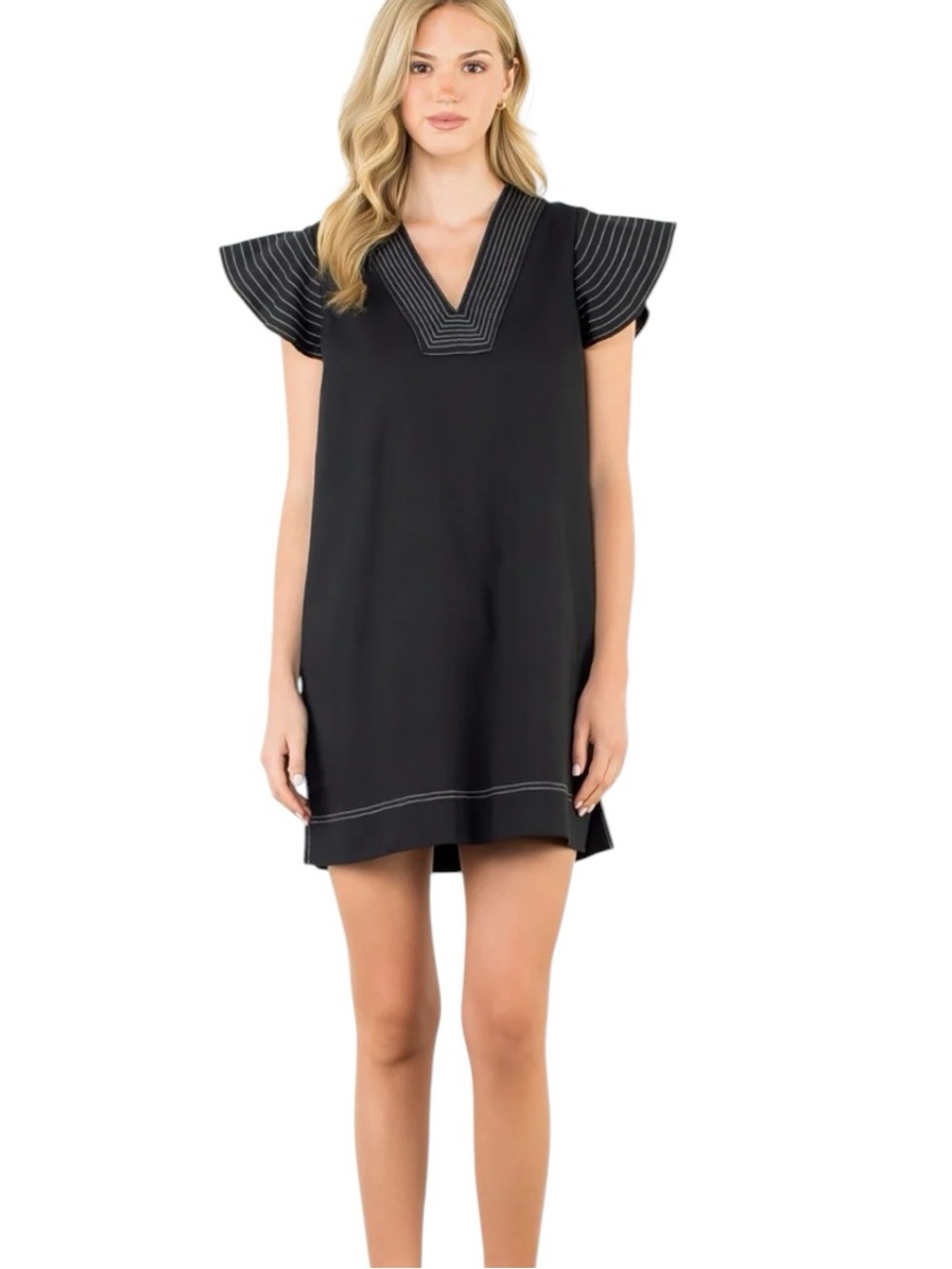 NWT THML Black Flutter Sleeve Dress White Stitching Medium $89